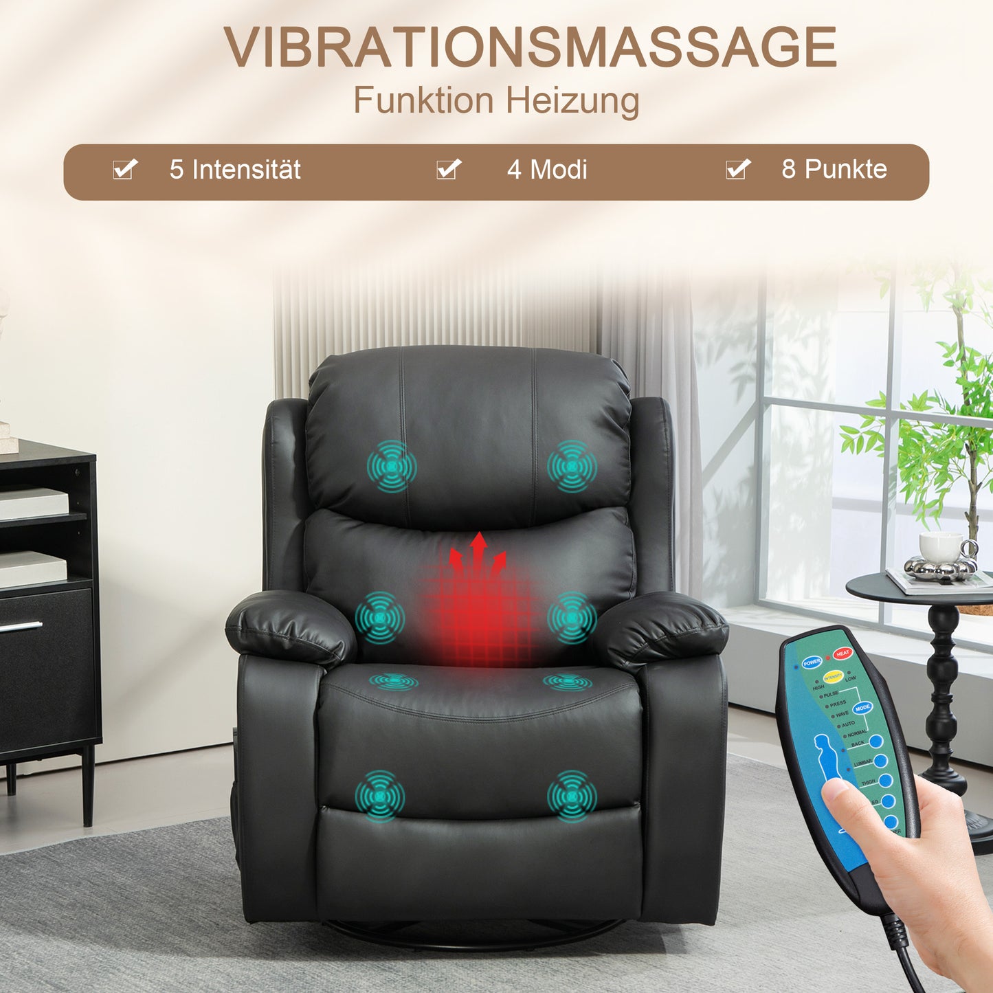 HOMCOM Massagesessel, Wärme- & Liegefunktion, Kunstleder, bis 150kg, 97x92x104cm, Schwarz