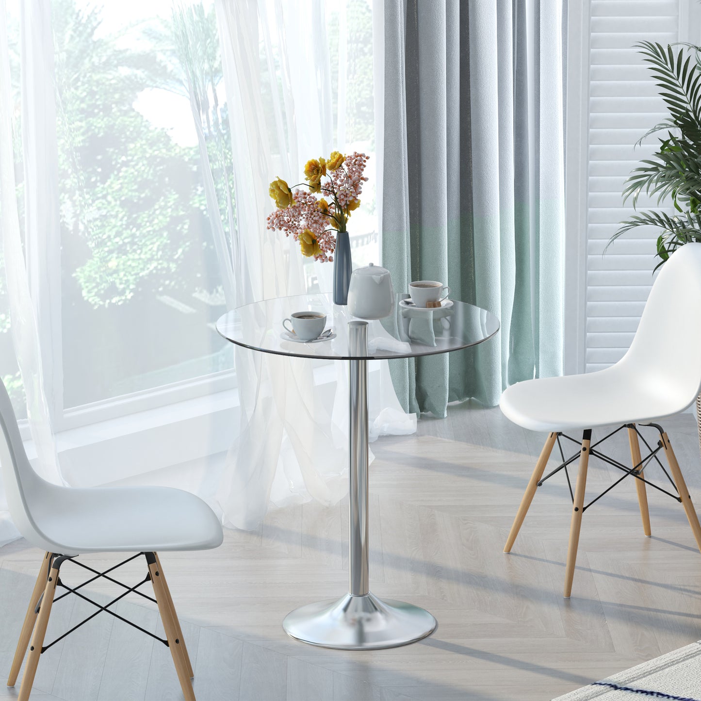 HOMCOM Runder Esstisch mit Glastischplatte, Metallgestell, Silberfarben