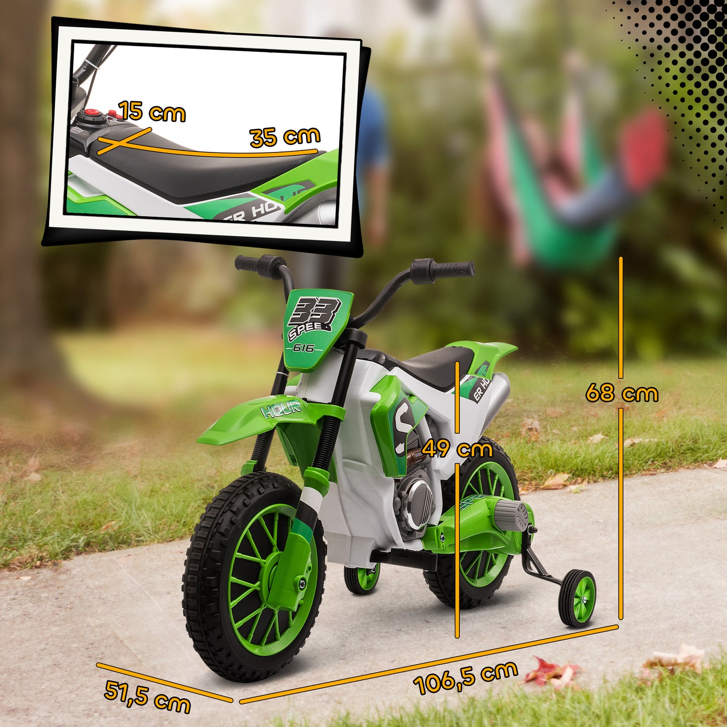 HOMCOM Kindermotorrad, Elektromotorrad, 45 Min Fahrzeit, mit Stützrädern, ab 3 Jahren, grün+weiß, 106,5 x 51,5 x 68cm