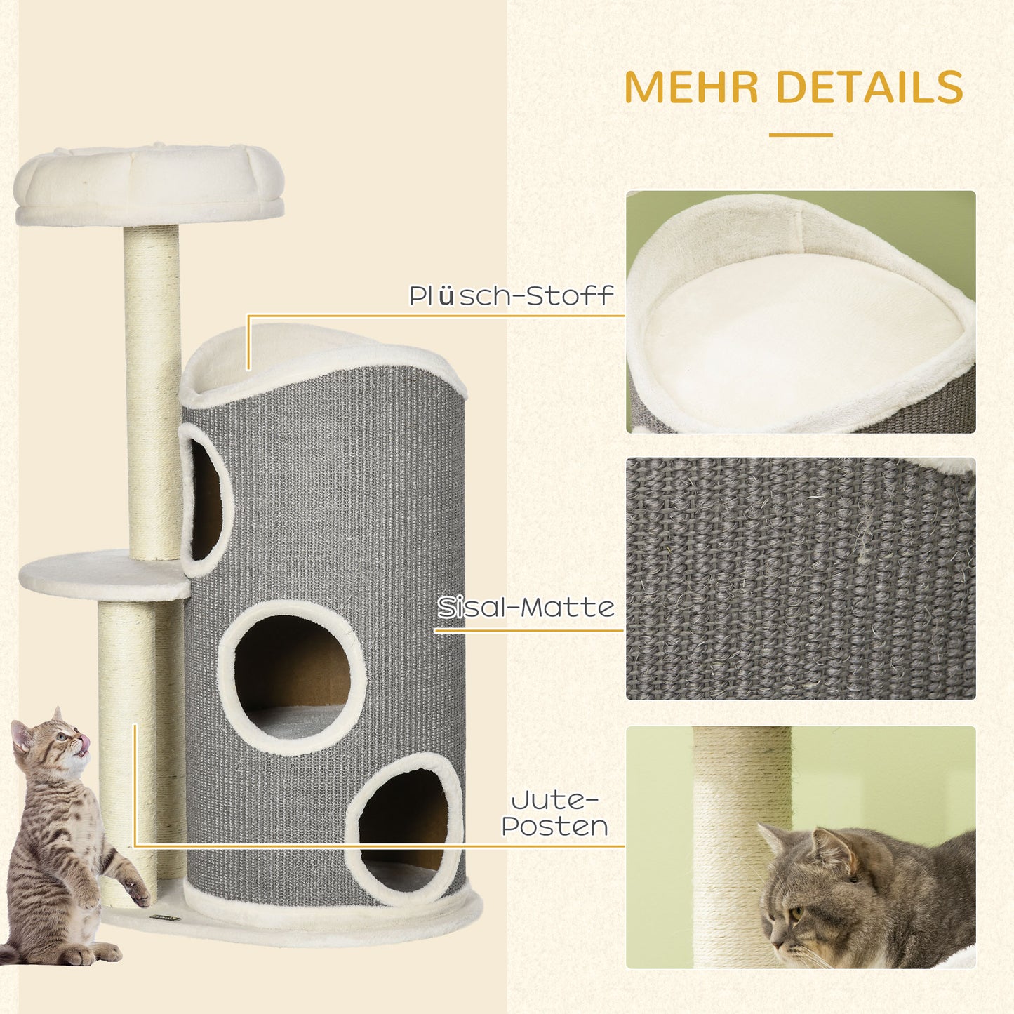 PawHut Kratzbaum mit Katzenbett u. Kratztonne für Katzen, 60 cm x 44,5 cm x 109 cm, Grau + Natur + Weiß