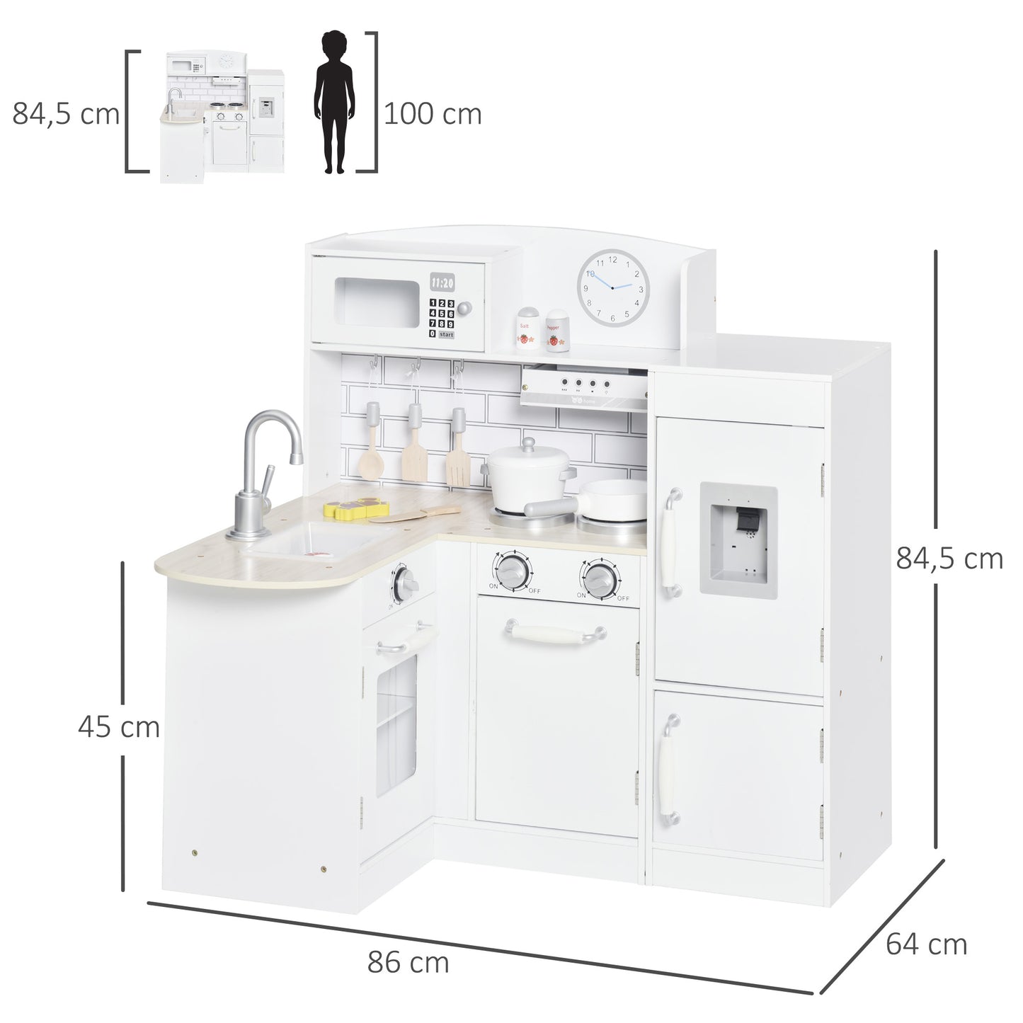 HOMCOM Spielküche, 14-tlg. Zubehör, elektr. Wasserspender, 86 x 64 x 84,5 cm, Weiß