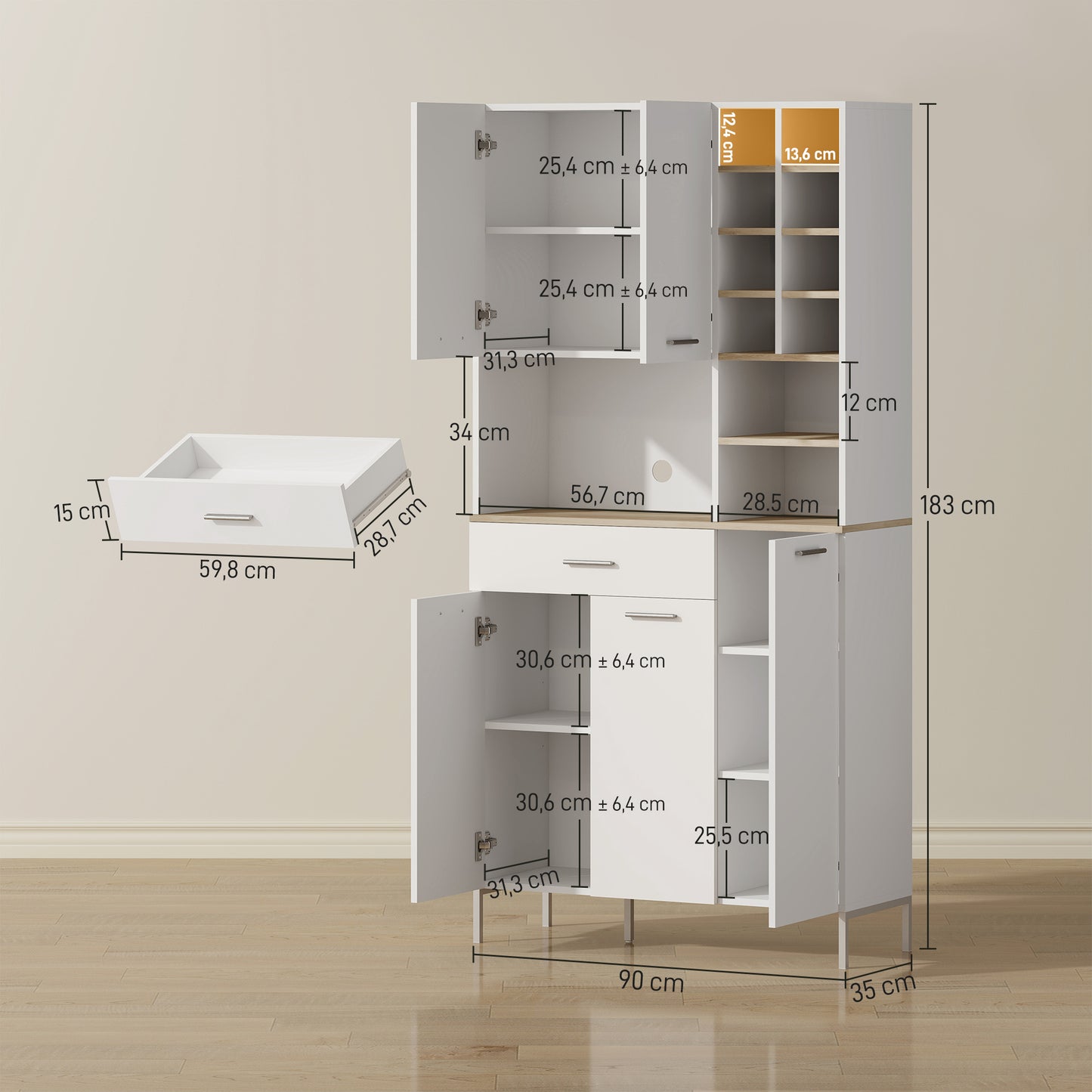 HOMCOM Küchenschrank mit offenen Regalen, Fächern, Weinregal, Vorratsschrank mit 5 Schranktüren, MDF, Weiß