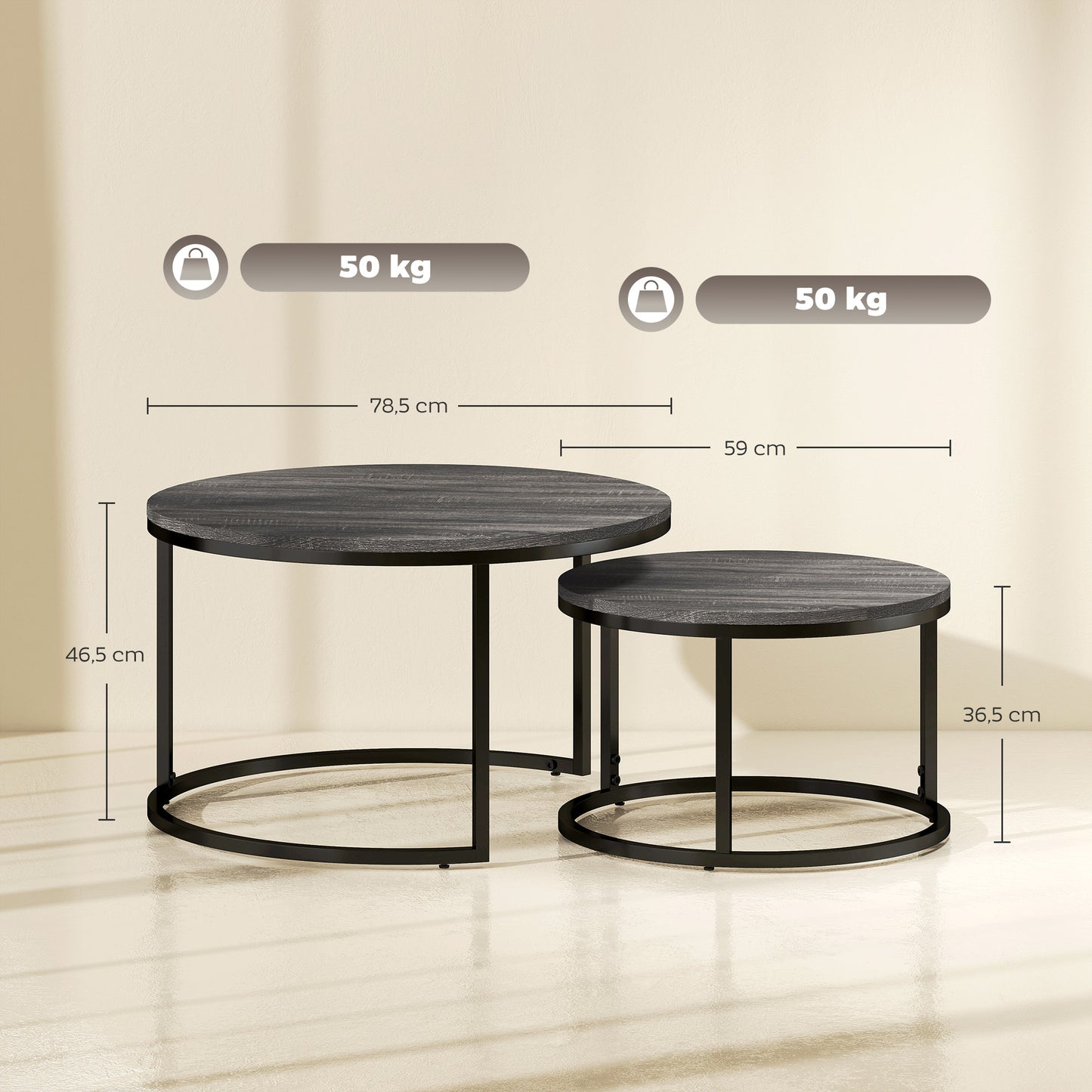 HOMCOM Couchtisch 2er-Set, Beistelltisch mit Metallgestell, Sofatisch, stapelbar, Kaffeetisch, Wohnzimmer, Schlafzimmer, Schwarz