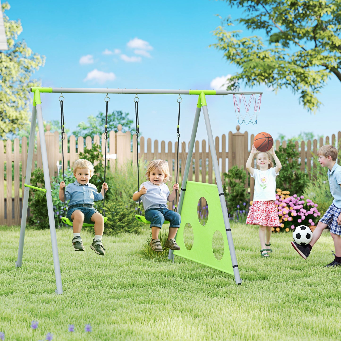 AIYAPLAY Schaukelset für Kinder, 2 Schaukelsitze, 1 Basketballkorb, 1 Fußballtor, Metallrahmen, Grün