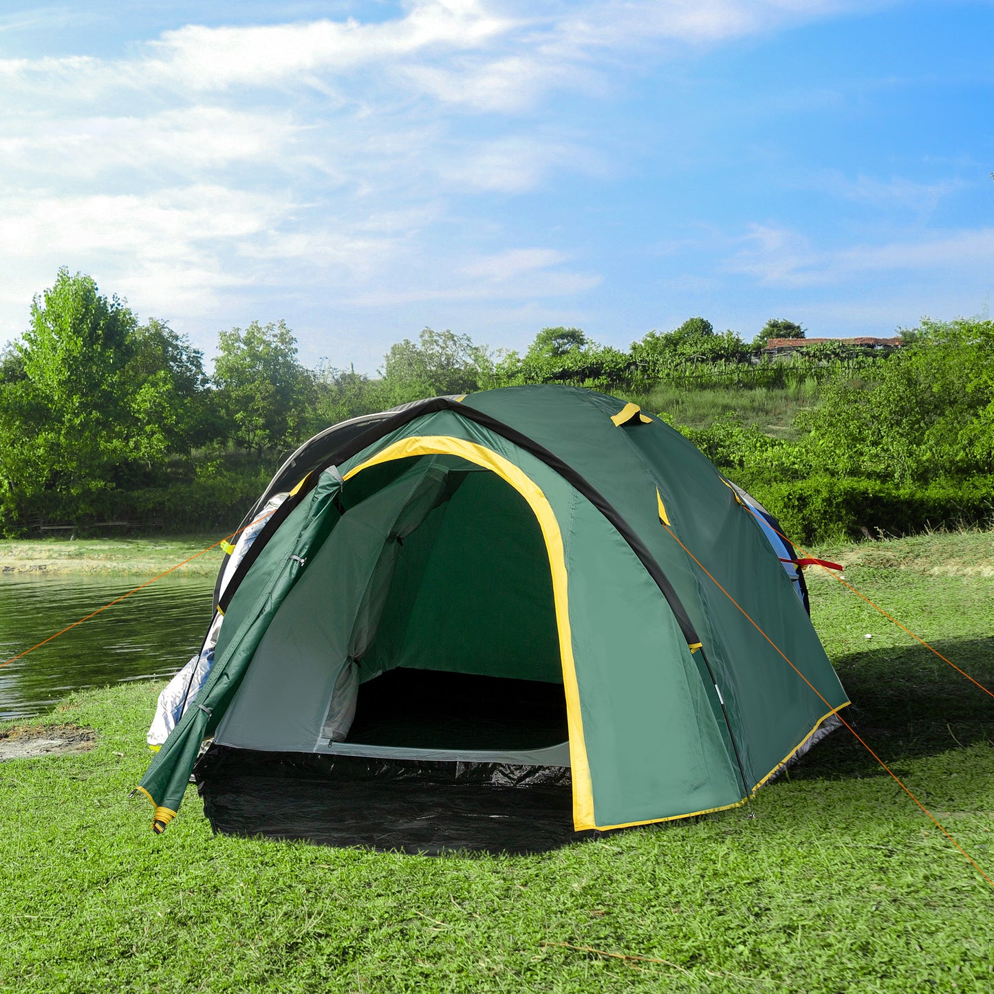 Outsunny Zelt für 2 Personen 190T Campingzelt mit Heringen Kuppelzelt Glasfaser Polyester Grün+Gelb 325 x 183 x 130 cm