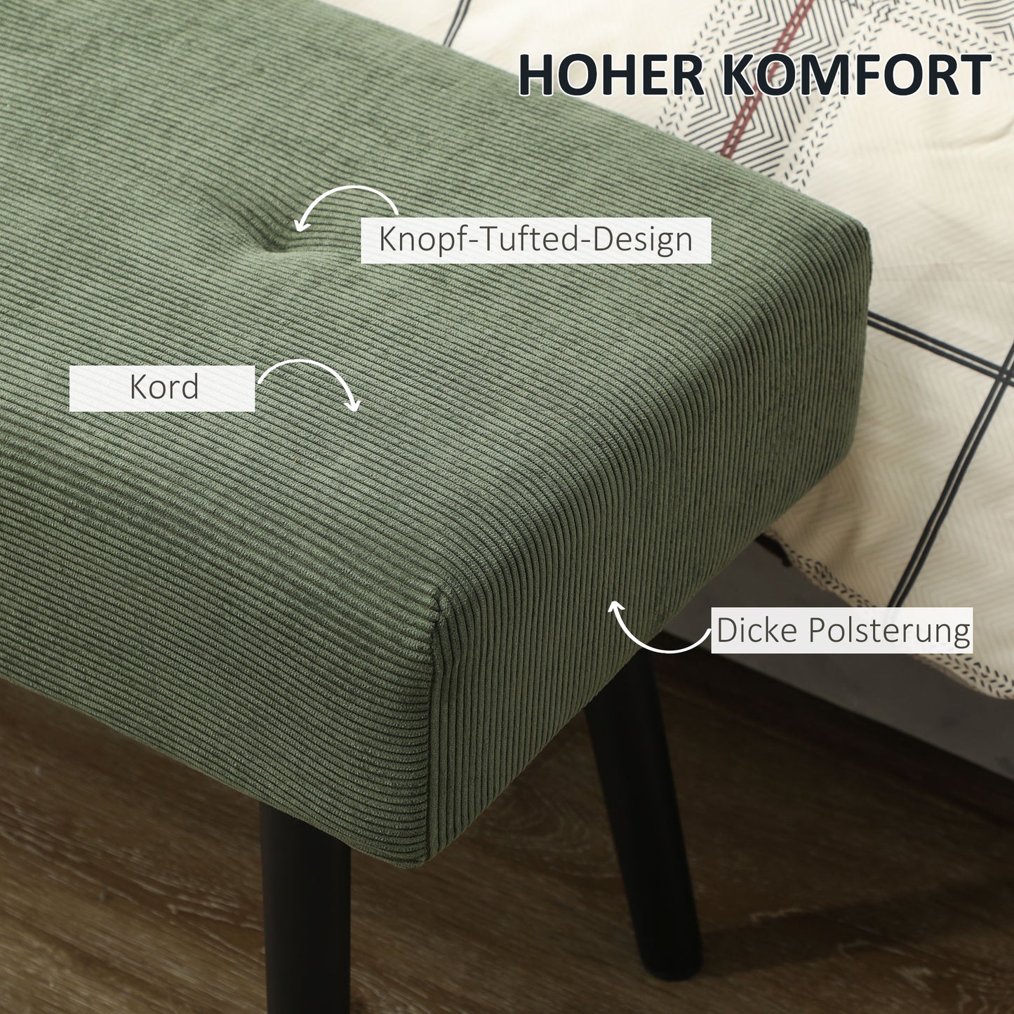 HOMCOM Sitzbank Polsterbank mit Cordbezug, Bettbank mit Metallbeine, Schuhbank 100 x 36 x 45 cm Grün