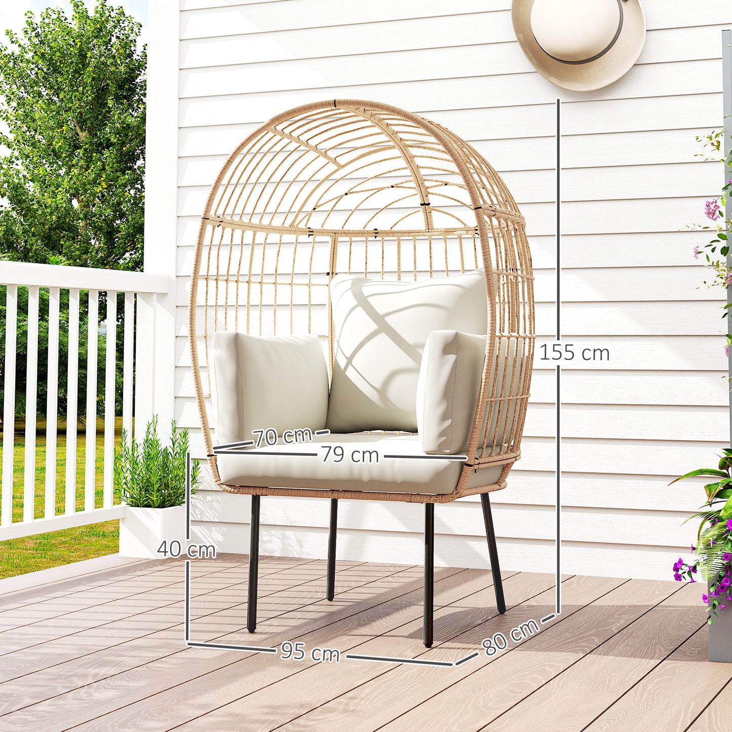 Outsunny Rattansessel Ei-Förmig mit abnehmbarem Kissen, Polster, Outdoor Sessel aus Rattan 95 x 80 x 155 cm Beige