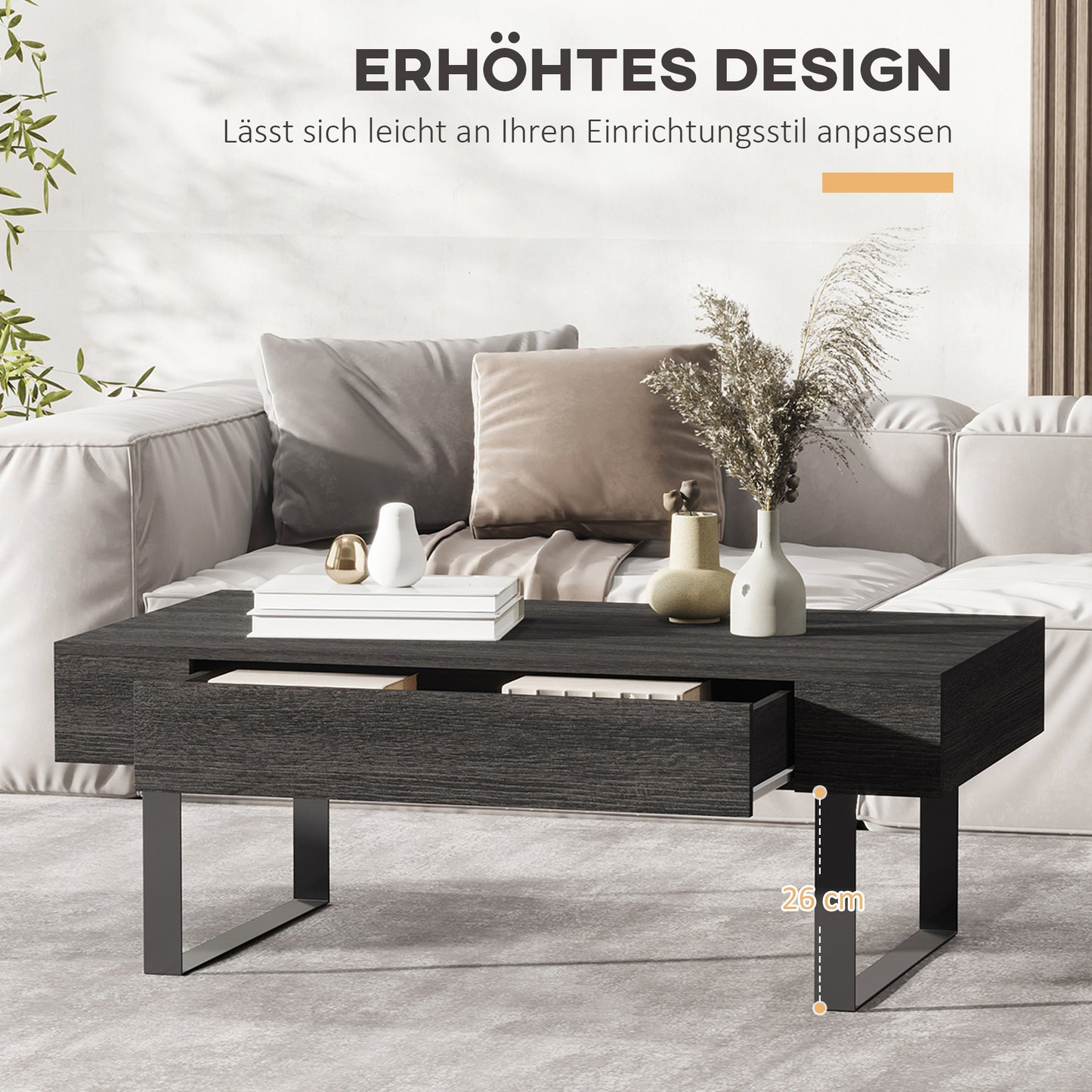 HOMCOM Couchtisch Wohnzimmertisch mit Schublade Modern Sofatisch mit Metallrahmen Beistelltisch Kaffeetisch für Wohnzimmer 110 x 60 x 40 سم، Dunkelgrau