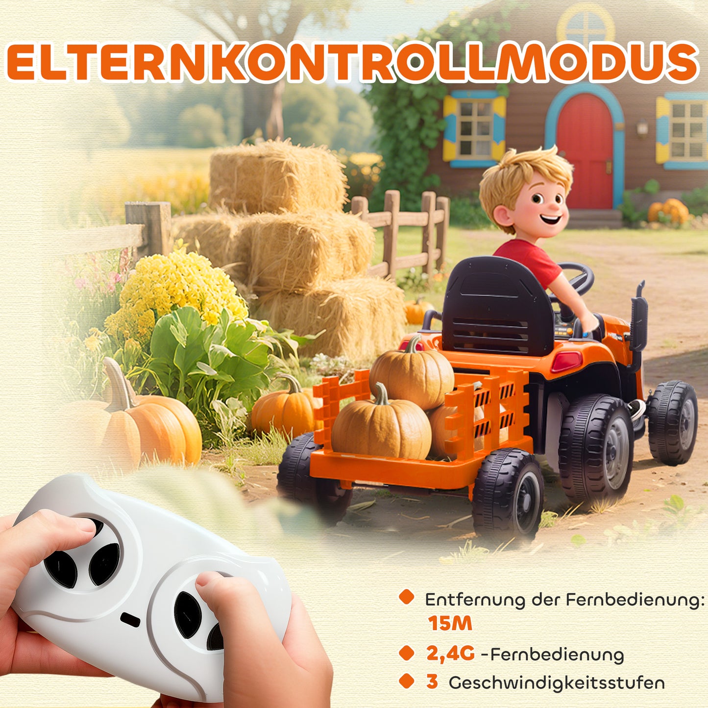 AIYAPLAY Elektrischer Kindertraktor, Aufsitz-Traktor mit Fernbedienung, Soft-Start, für Kinder im Alter von 3-8 Jahren, Orange