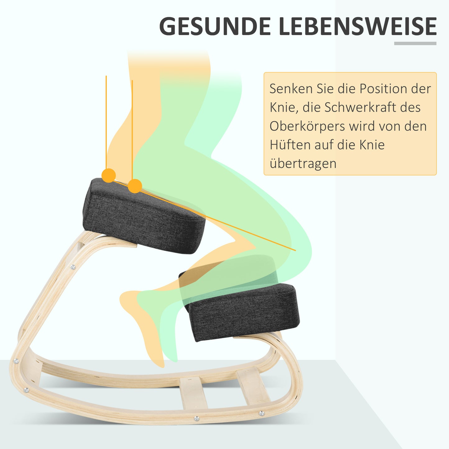 Vinsetto Kniestuhl, ergonomischer Sitzhocker, Polsterhocker für gesunde Sitzhaltung, Birkenholz, 120 kg belastbar, Schwarz