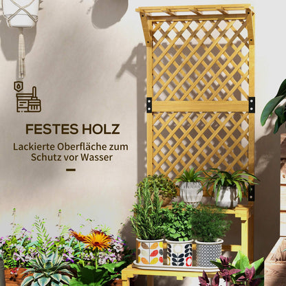 Outsunny Pflanzenständer, Blumenregal, 2 Etagen, mit Spalier & Dach, Tannenholz, 60x50x166cm, Gelb