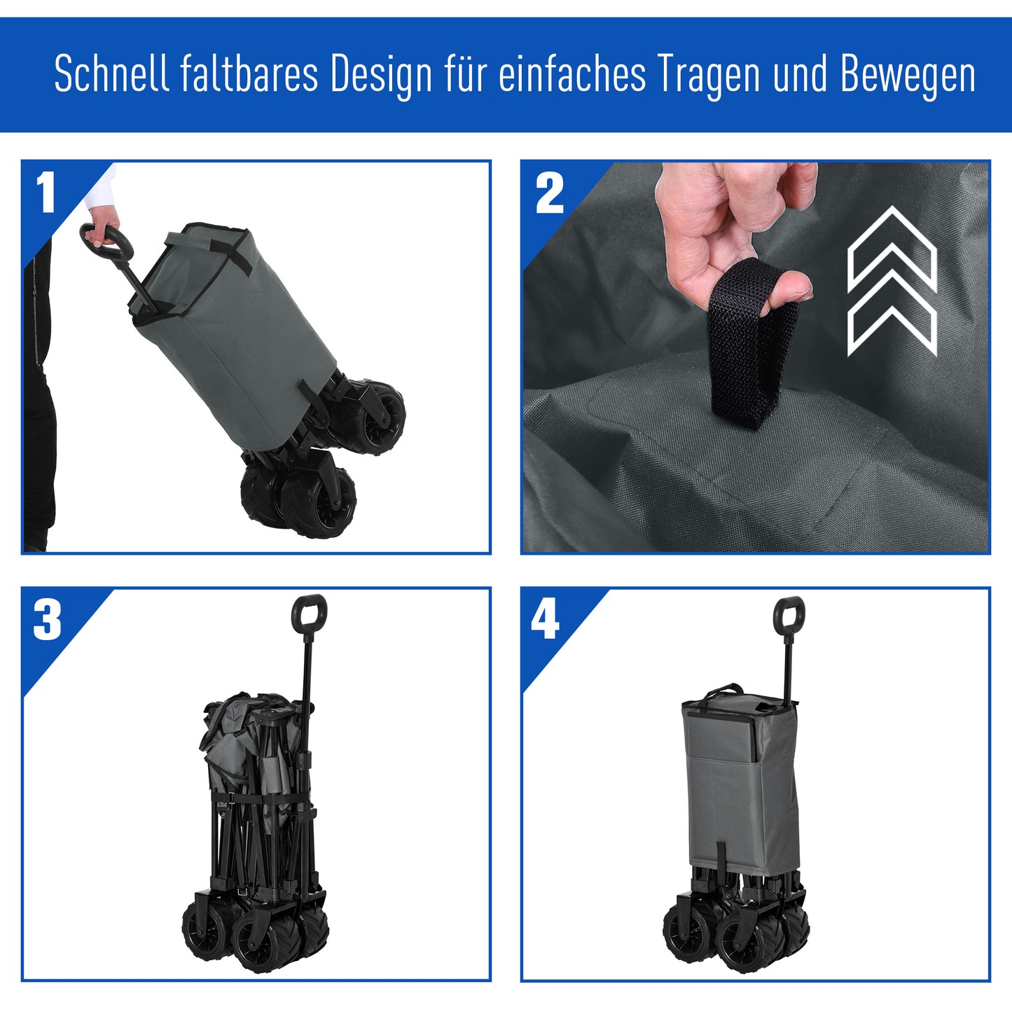 Outsunny Bollerwagen Faltbarer Handwagen 360° Gartenwagen Transportwagen mit Teleskop Griff Verstellbarer Griffhöhe Strandwagen bis 70 kg Tragkraft Metall Oxford Dunkelgrau 108 x 55 x 59-89 cm