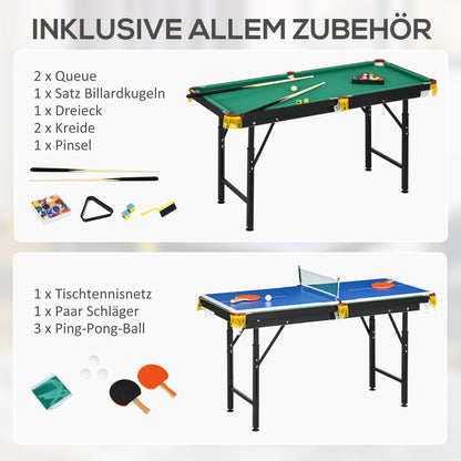 SPORTNOW 2-in-1 Billardtisch, Tischtennisplatte, mit Zubehör, 140x63x80cm, Blau/Grün