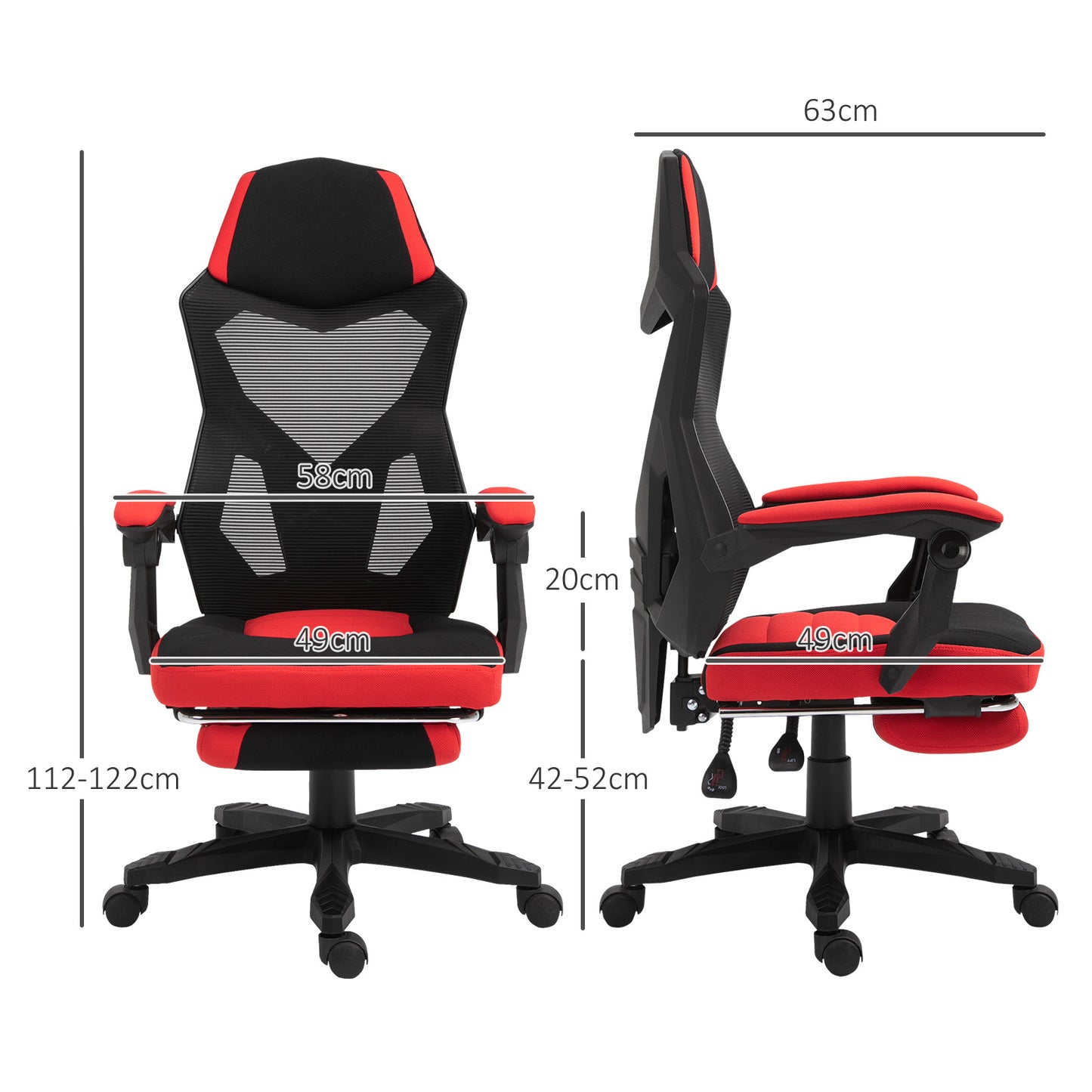 Vinsetto Ergonomischer Bürostuhl, Gaming Stuhl, Drehstuhl mit Fußstütze, PC Stuhl, Chefsessel, höhenverstellbar, Polyester, Schwarz+Rot,58 x 63 x 112-122 cm