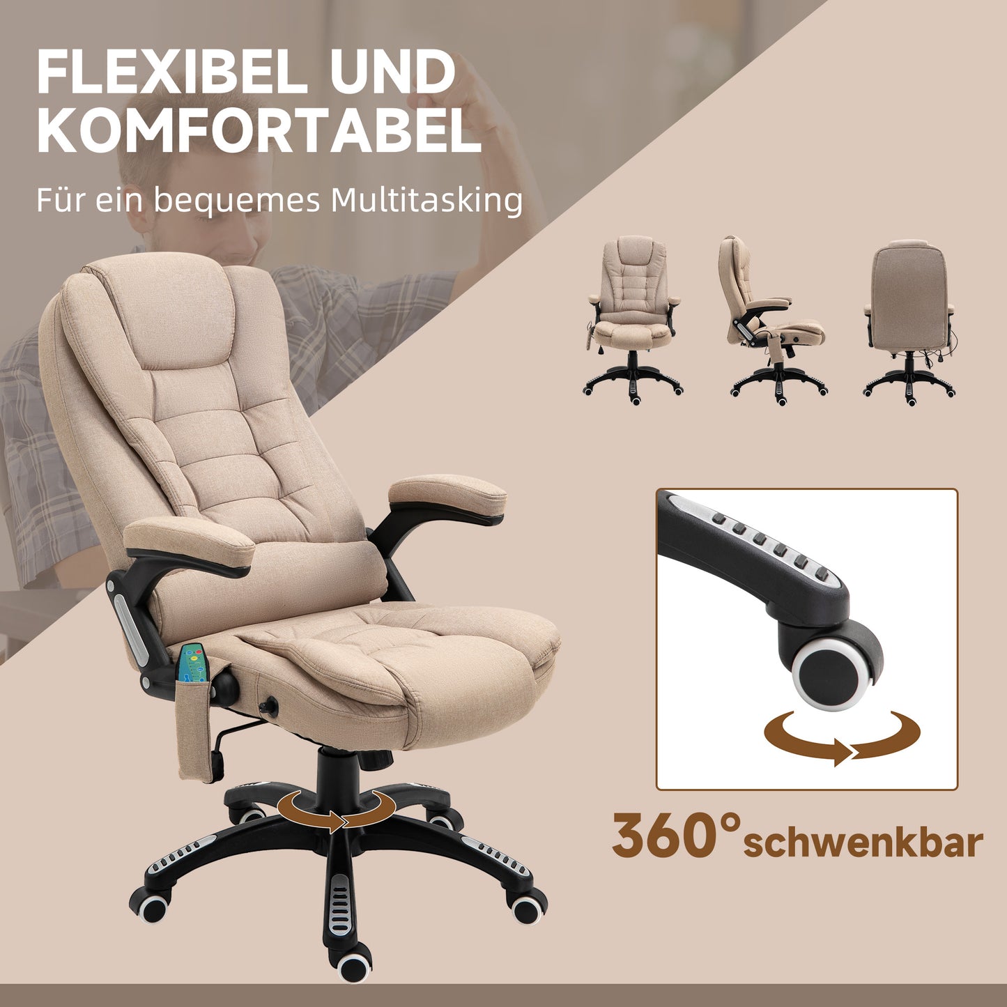 Vinsetto Massagesessel mit Wärmefunktion, Ergonomischer Schreibtischstuhl, höhenverstellbar, 68L x 72B x 110-120 cm, Braun
