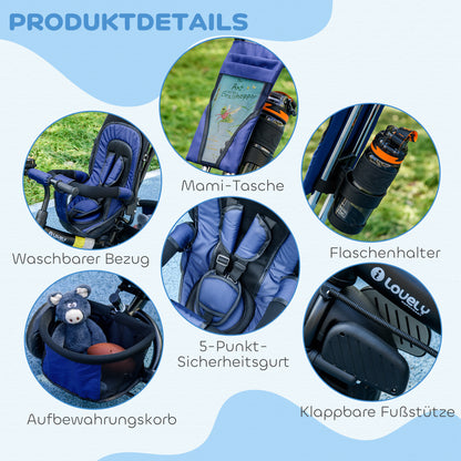 HOMCOM Kinder-Dreirad, Kinderfahrrad, Rückenkorb, Becherhalter, Sonnendach, Metall, Dunkelblau