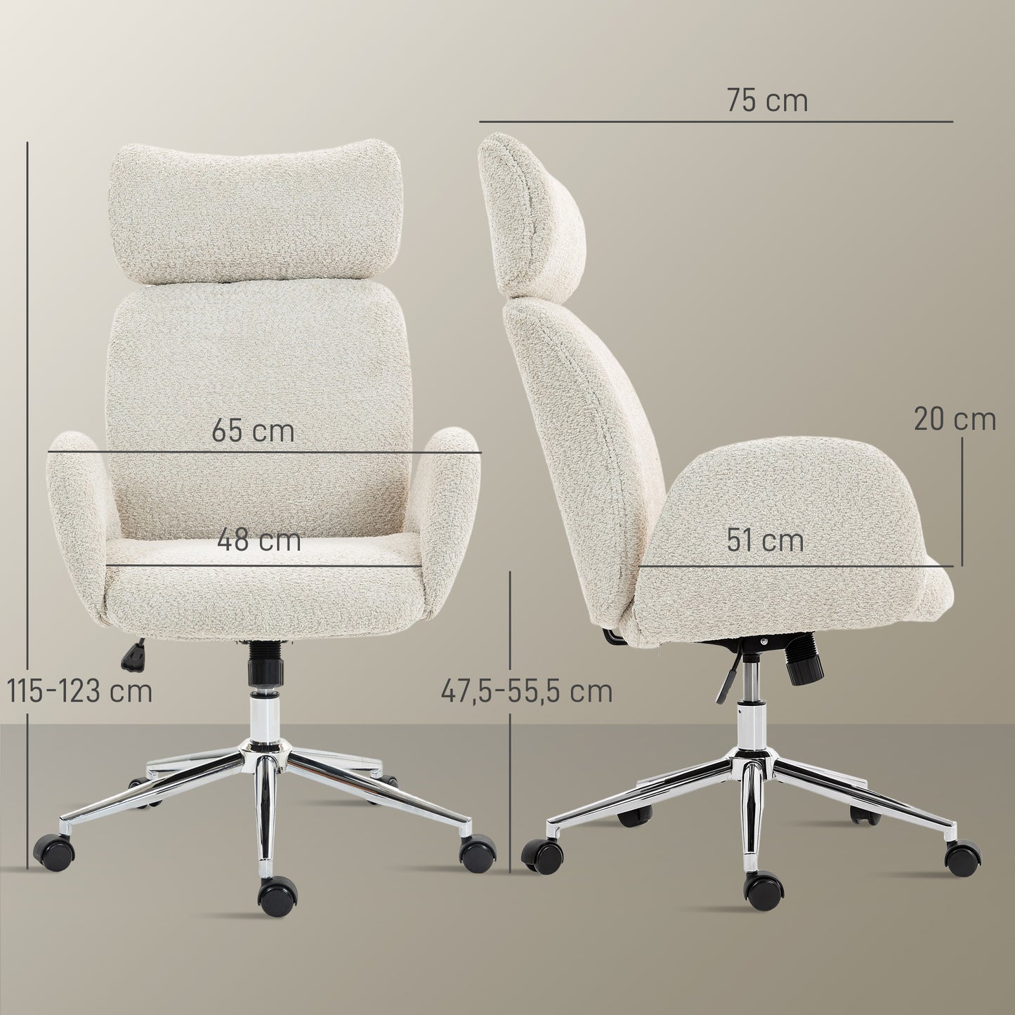 HOMCOM Bürostuhl mit verstellbarer Kopfstütze, ergonomischer Schreibtischstuhl, Kippfunktion, höhenverstellbar, Grauweiß
