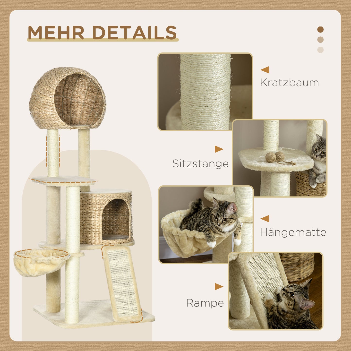 PawHut Kratzbaum, mit Katzenhaus, mehrere Plattformen, Hängematte, Kratzmatte, Kippschutz, beige, 60 x 60 x 150cm