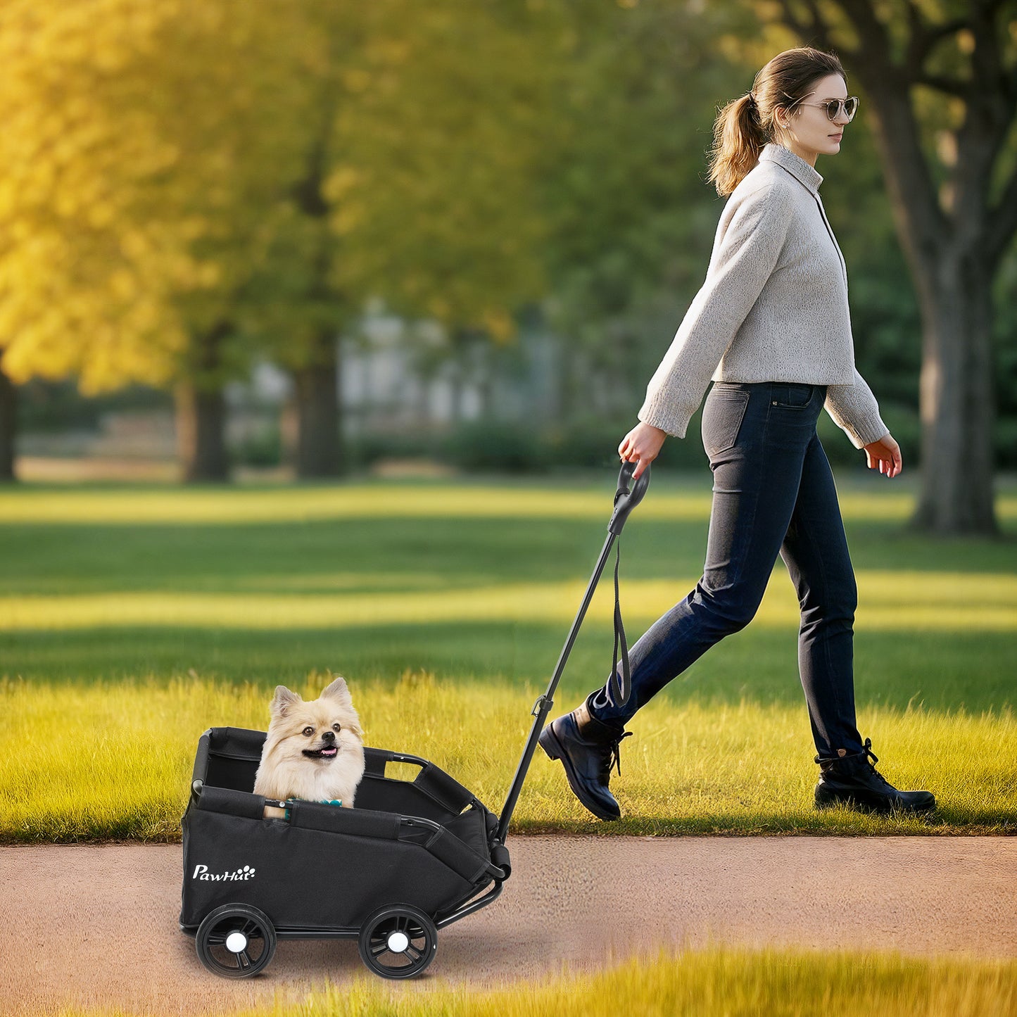 PawHut Hundewagen، مضرب كلاب Hundebuggy لـ Zwergenhunde مضاعف حتى 4 كجم، zusammenklappbarer Katzenbuggy mit Griffstange، Washbarem Kissen، Sicherheitsleinen، Aufbewahrungstasche، 4 Räder، Schwarz