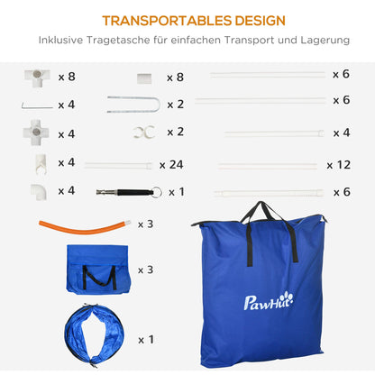 PawHut Hunde-Agiliy-Set Hundeparcours, 1 Reifen, 2 Tunnel 2 Hürden, 321 cm x 63c m x 93 cm, Blau + Rot+ Weiß