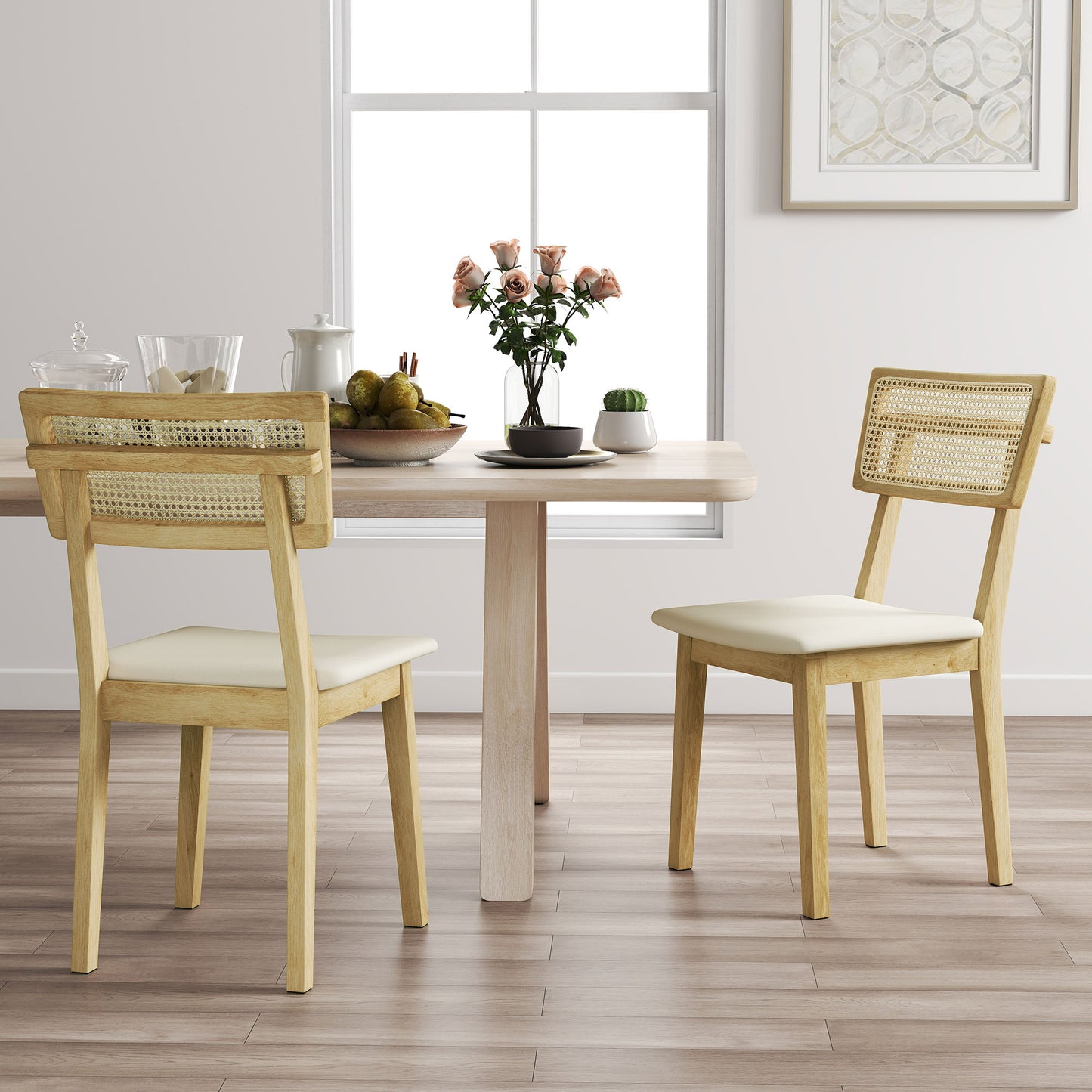 HOMCOM Esszimmerstuhl, Rattan-Rückenlehne, Kunstleder-Sitz, Kautschukholz, Naturholz
