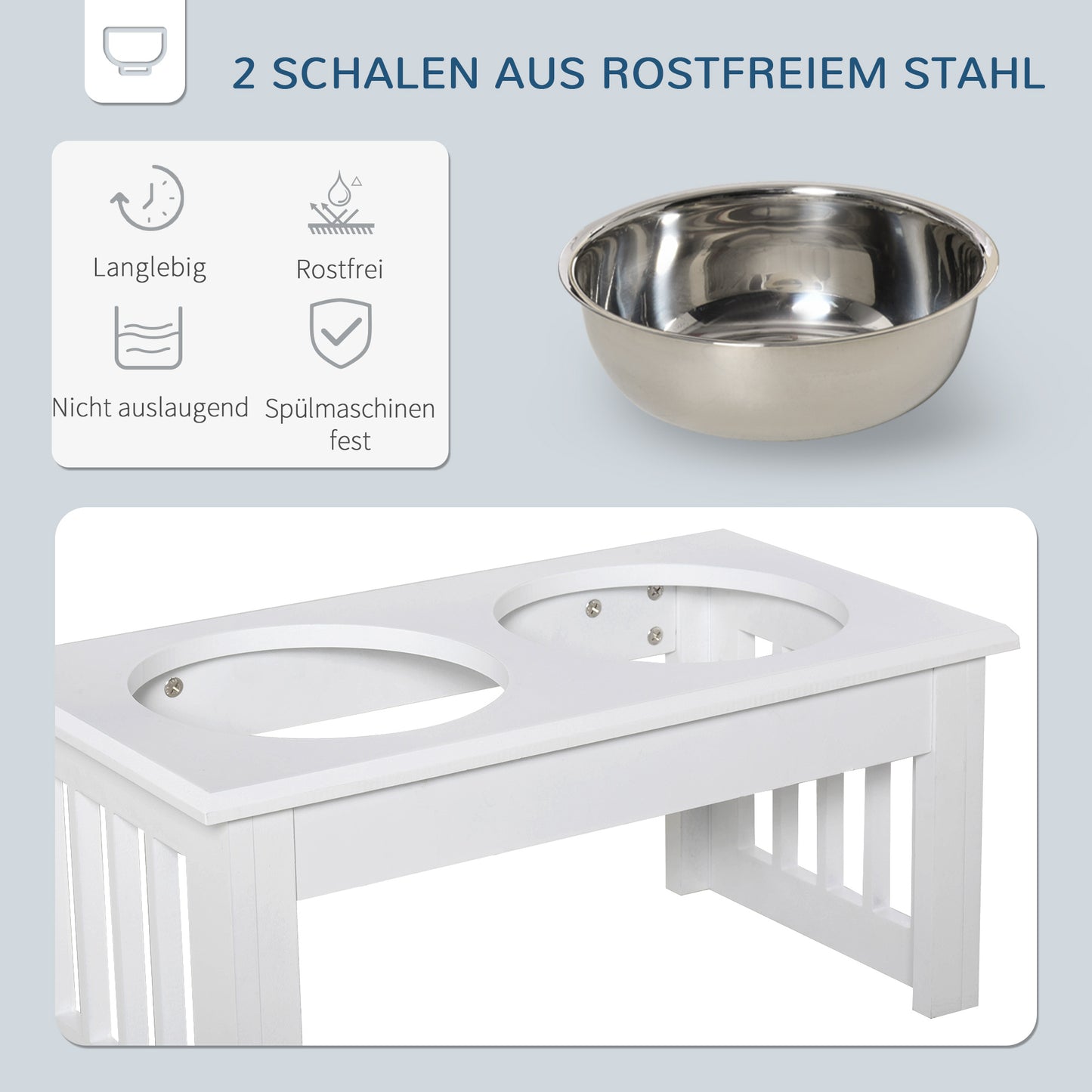 PawHut Hunde-Futterstation, rutschfest, 44 x 24 x 15cm, Weiß, 0,9L pro Napf