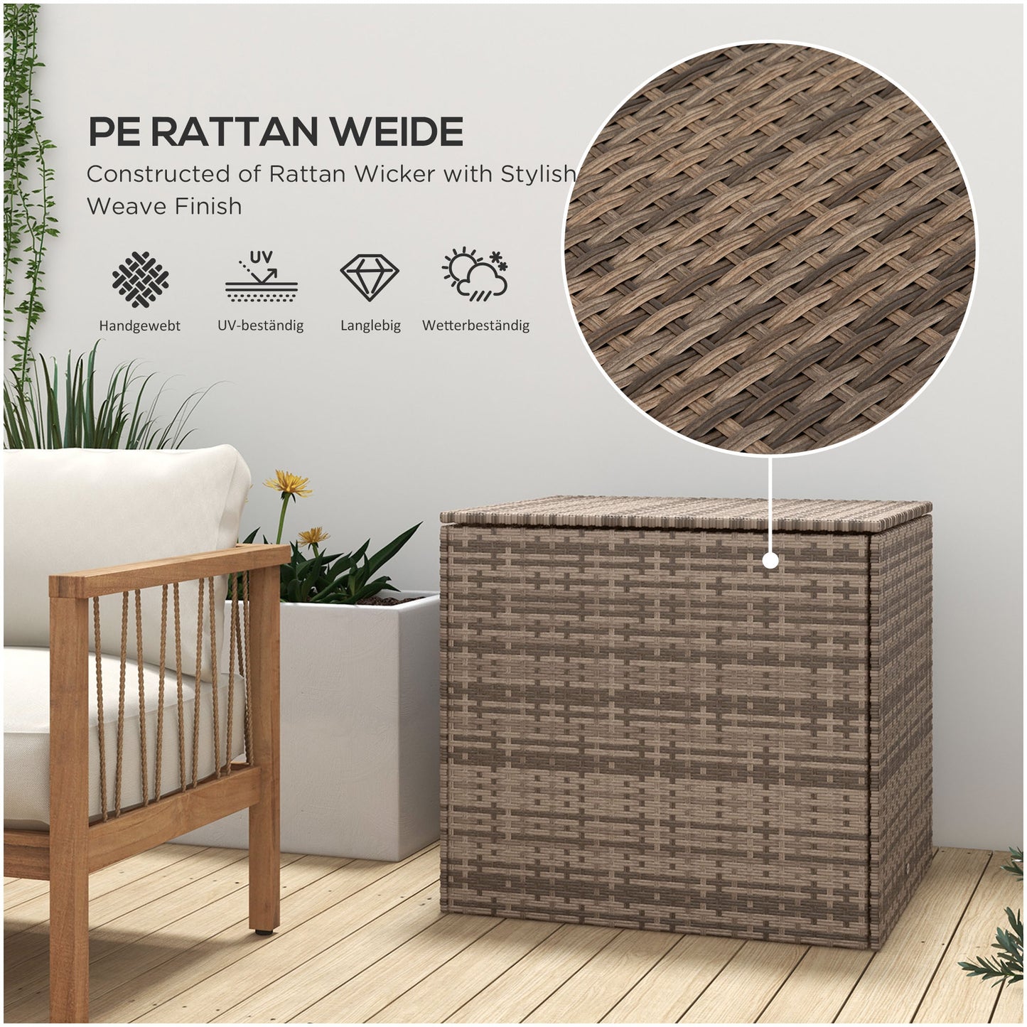 Outsunny Polyrattan Auflagenbox, Stoff-Innenauskleidung, leichtes Öffnen/Schließen, Metallrahmen, 75B x 75T x 70H cm, Schwarz