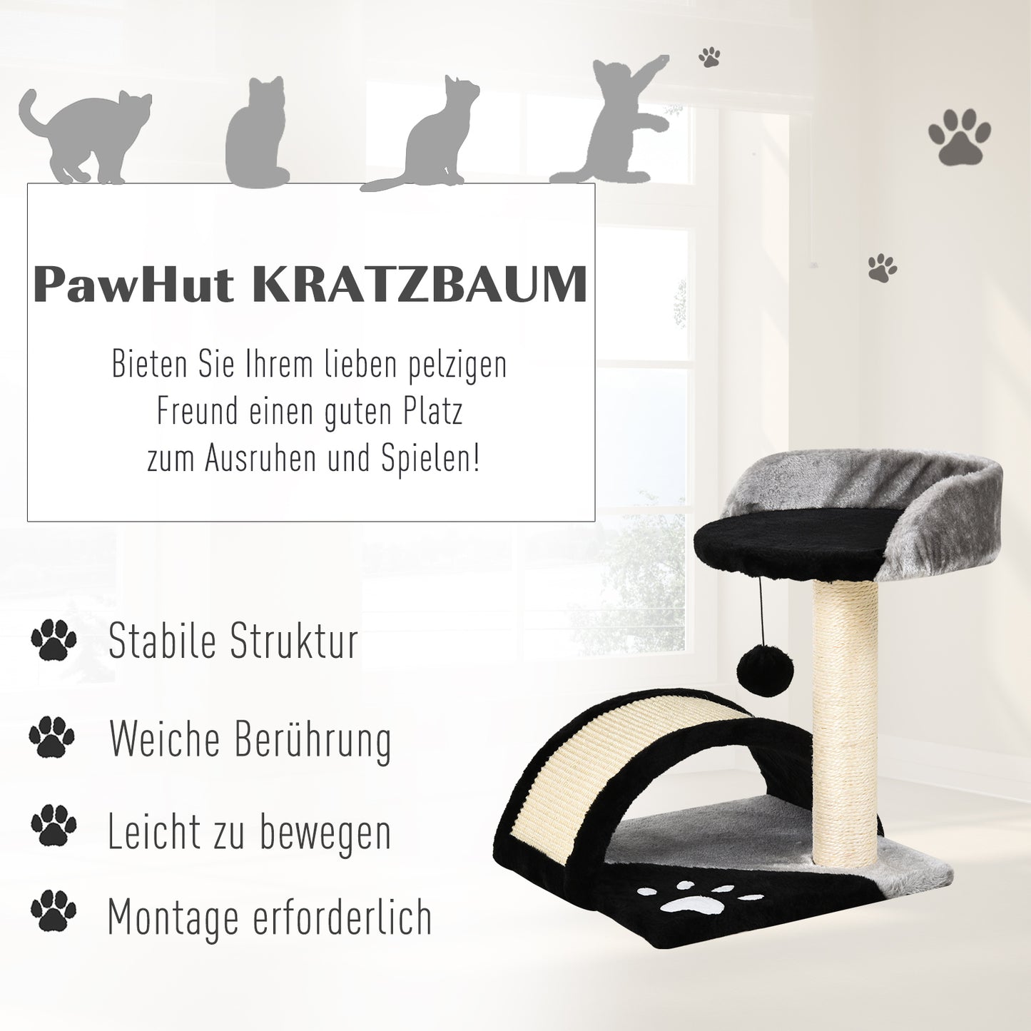 PawHut Kratzbaum Katzenbaum mit Spielbällen Katzenkratzbaum Sisalseil-Kratzstangen Schwarz 35,5 x 37 x 46 cm
