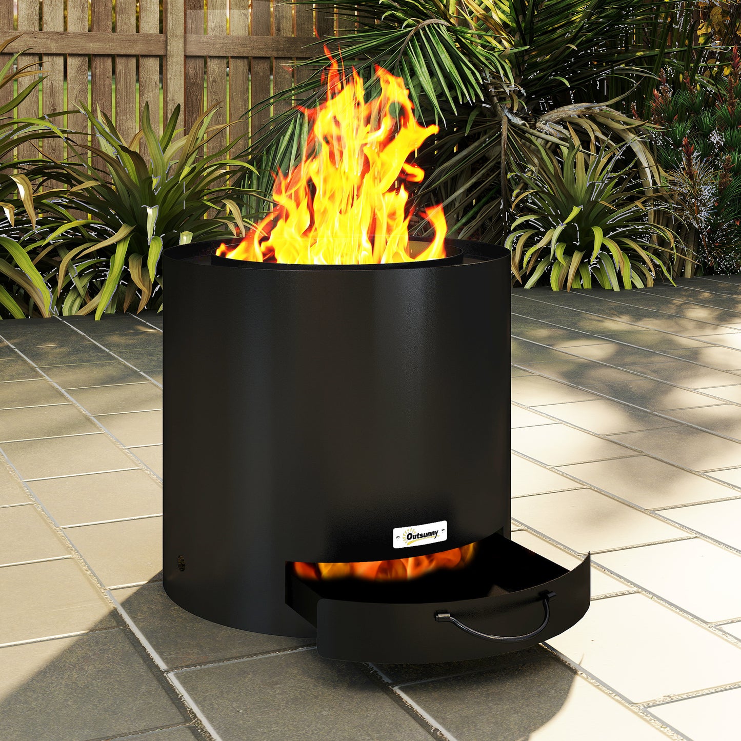Outsunny Feuerschale Ø45x42cm aus Edelstahl Feuerstelle mit Schürhaken Aschenwanne Schwarz