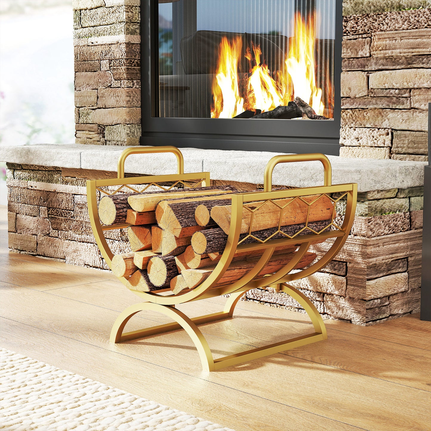 Outsunny Kaminholzregal für innen 46 x 36 x 41cm Brennholzregal für Kamin Ofen Metall Gold