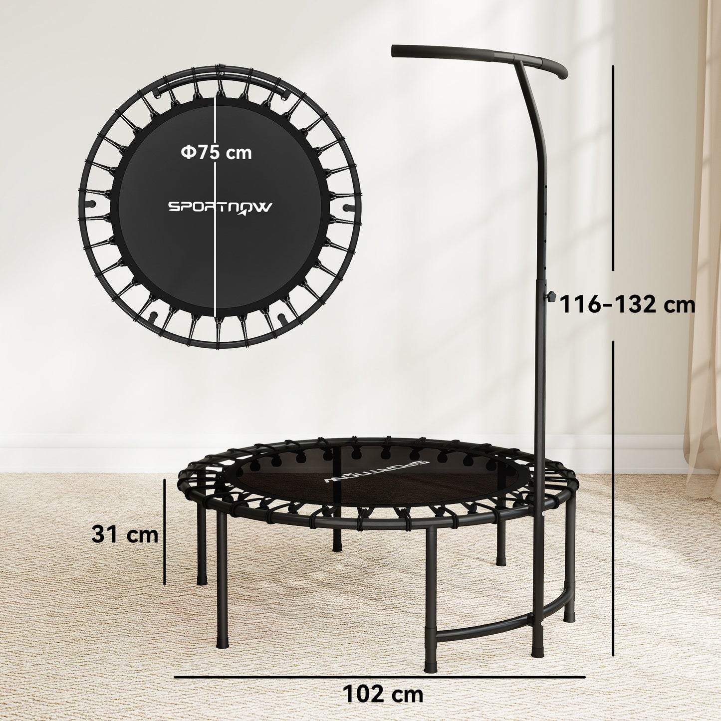 SPORTNOW Rebounder-Trampolin, 5-stufig verstellbarer Griff, Workout-Trampolin, Schwarz