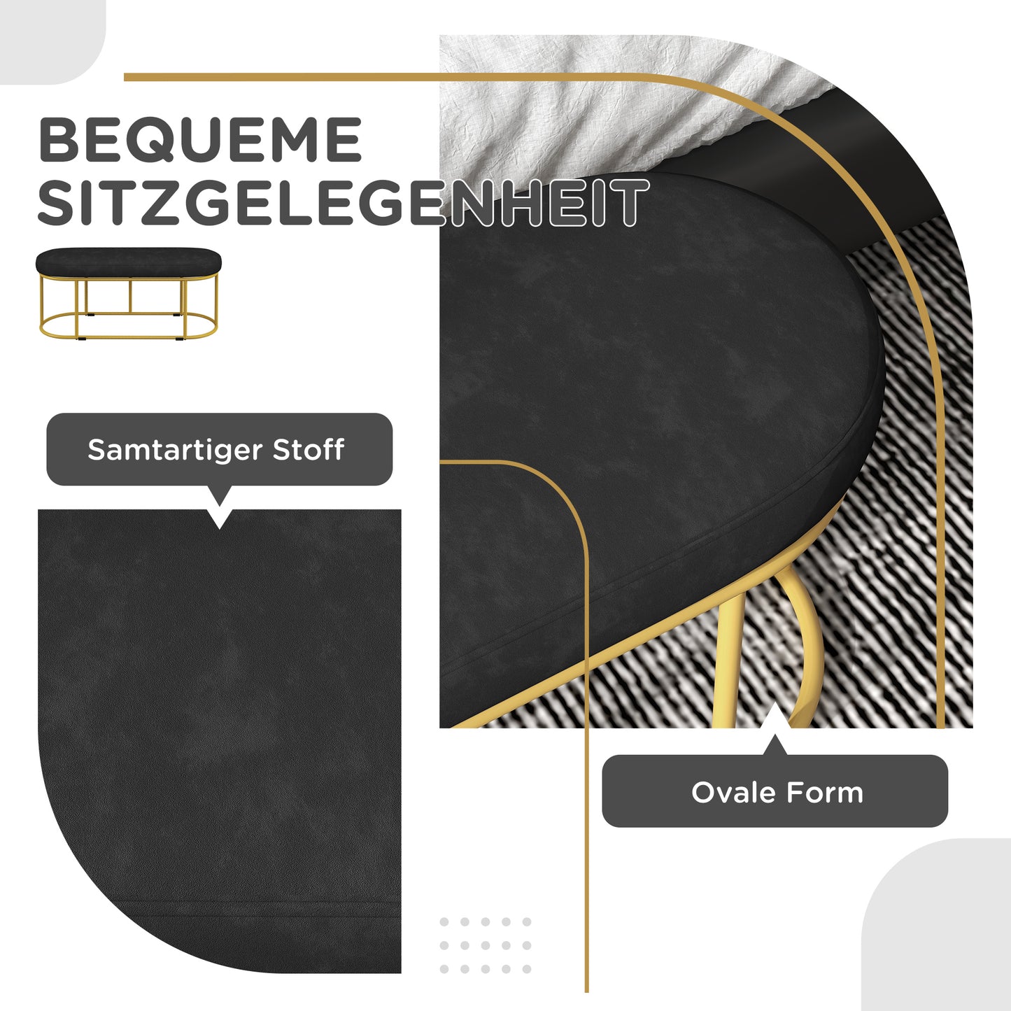HOMCOM Schuhbank im Retrodesign, Bettbank, Flurbank, Samtoptik, bis 200 kg, Metallrahmen, schwarz, 100 x 37 x 43cm