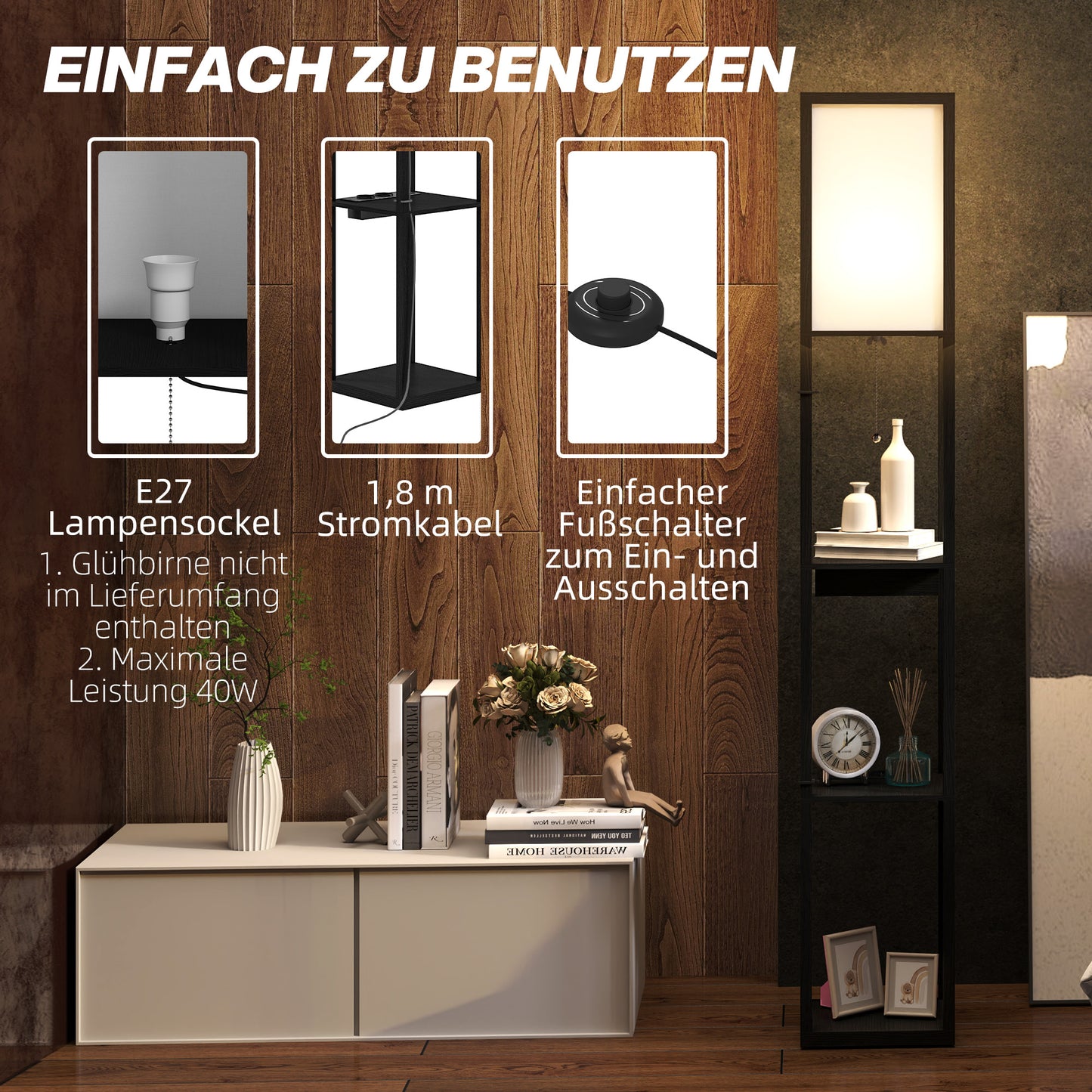 HOMCOM Stehlampe mit 3-stufigem Regal, Fußschalter, USB-Anschlüssen, MDF, Schwarz