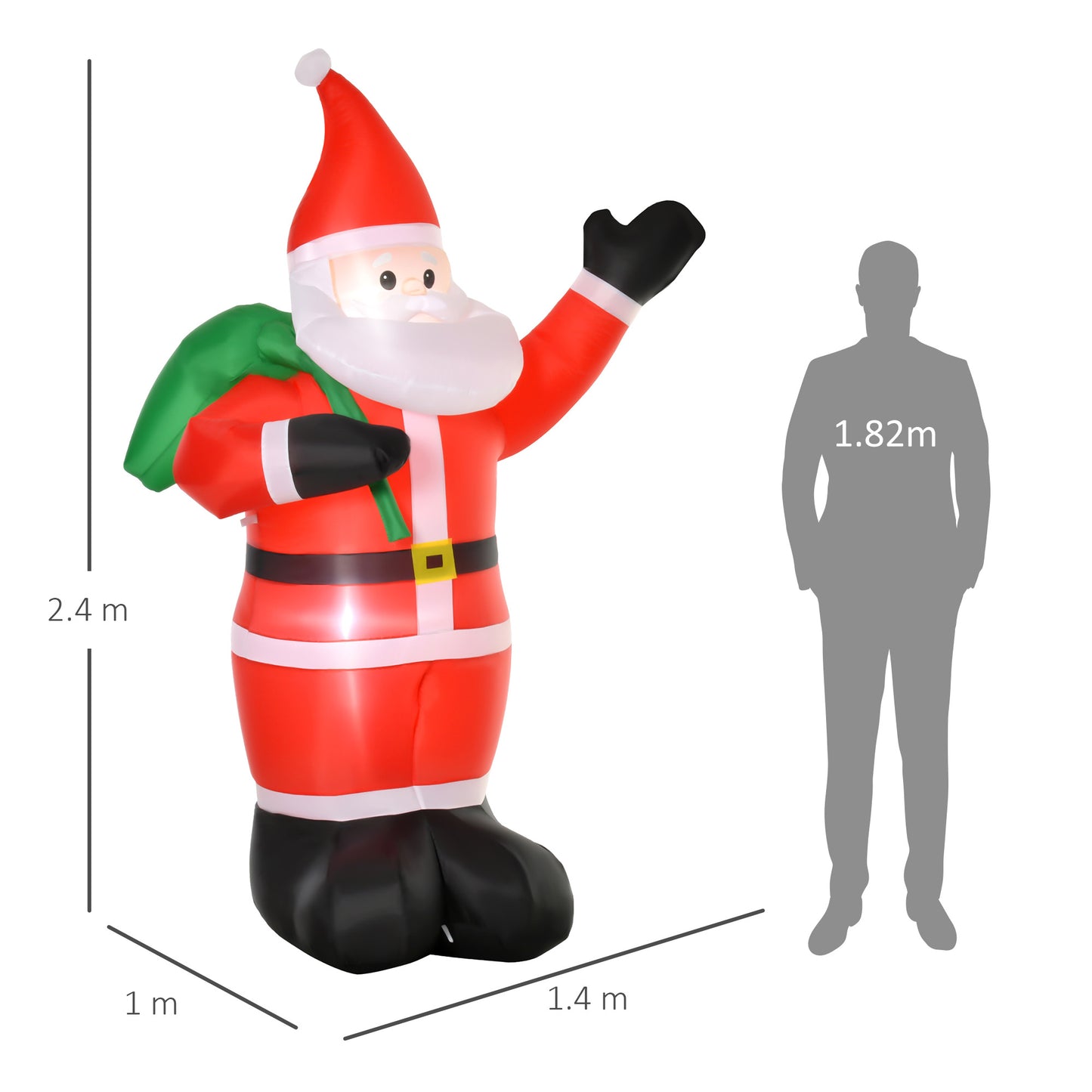 HOMCOM Weihnachtsmann, 2,40 m groß, mit LED-Beleuchtung, selbstaufblasende Gartendeko