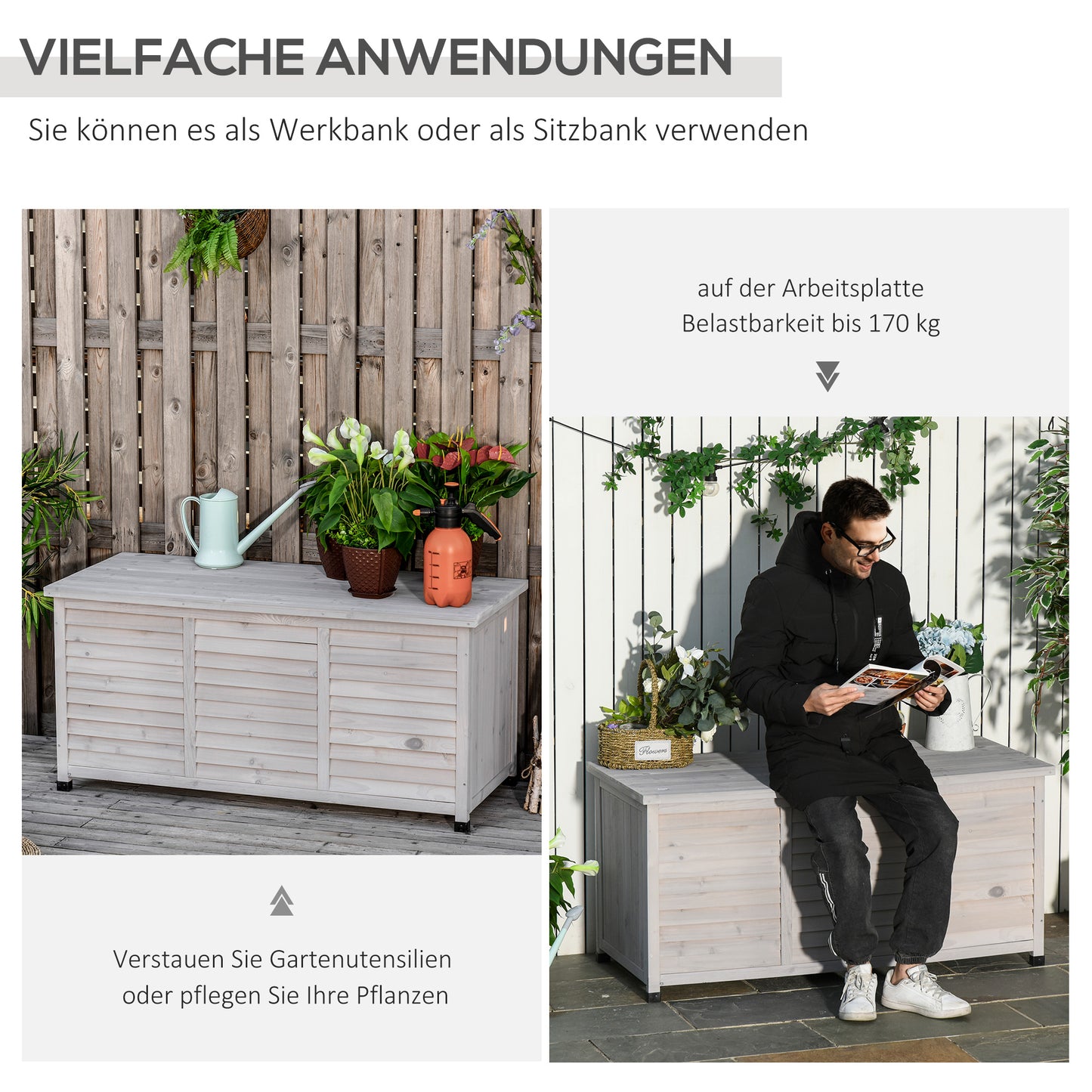 Outsunny Gartenbox, wetterbeständig, luftdurchlässig, Kissenbox, Aufbewahrungsbox, Fichtenholz, grau, 127 x 56 x 60 cm