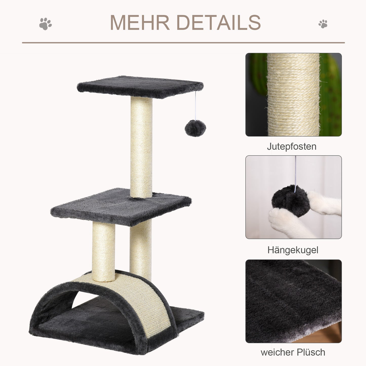 PawHut Kratzbaum 72 cm Katzenturm mit Plüschballen, Sisalstämme, Plattform, Kratzbrett mehrstöckiger Katzenkratzbaum, Kletterbaum, für mittelgroße Katzen, Grau