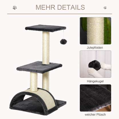 PawHut Kratzbaum 72 cm Katzenturm mit Plüschballen, Sisalstämme, Plattform, Kratzbrett mehrstöckiger Katzenkratzbaum, Kletterbaum, für mittelgroße Katzen, Grau