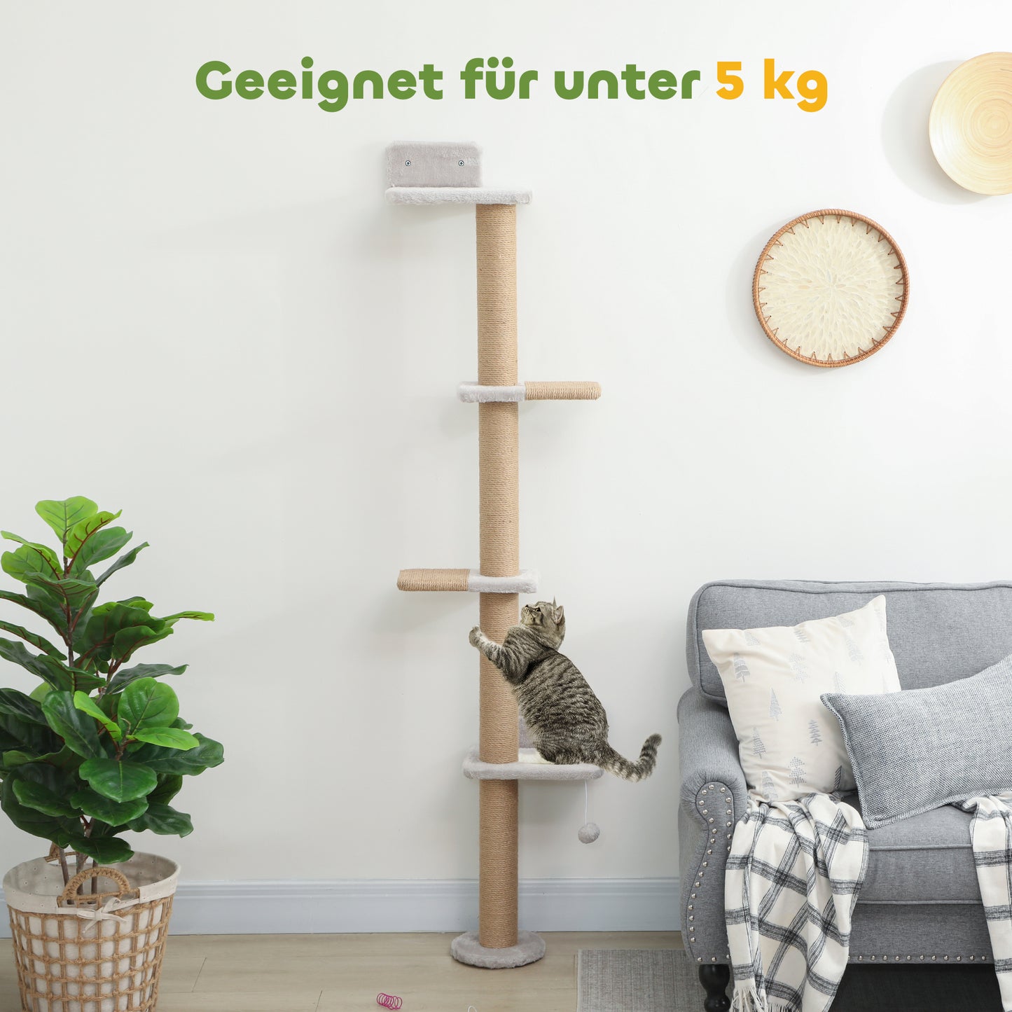PawHut Katzenkratzbaum, 5-stufiges Design, Spielzeug, Sisalpfosten, Plüschstoff, Hellgrau