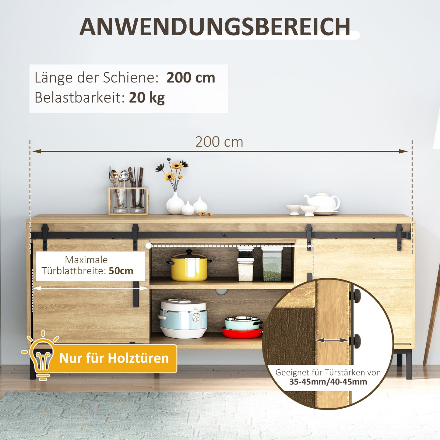 HOMCOM 200 cm Schiebetür Komplettset Schiebetürsystem mit Bodenführung, Schiebetür Laufschiene, Laufrollen Schiebetürbeschlag aus Kohlenstoffstahl für Doppelschiebetür