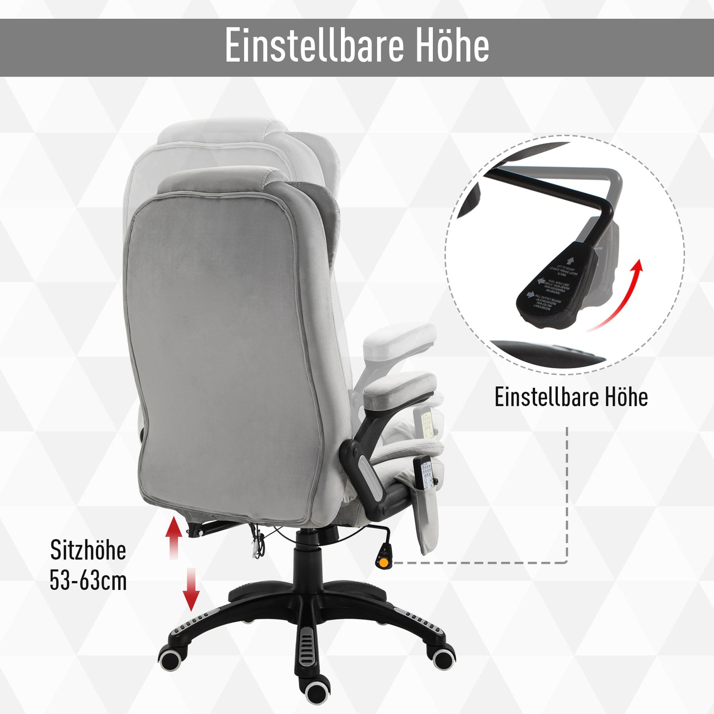 Vinsetto Bürostuhl mit Massagefunktion Ergonomischer Chefsessel mit Heizfunktion, Liegefunktion, Wippfunktion Höhenverstellbar 360° Drehbar Computerstuhl mit Seitentasche, Samtoptik, Grau