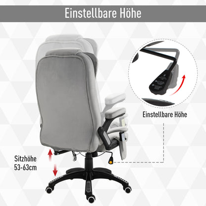 Vinsetto Bürostuhl mit Massagefunktion Ergonomischer Chefsessel mit Heizfunktion, Liegefunktion, Wippfunktion Höhenverstellbar 360° Drehbar Computerstuhl mit Seitentasche, Samtoptik, Grau