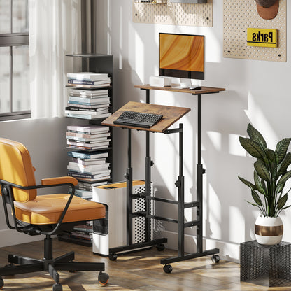 HOMCOM chreibtisch Höhenverstellbar Küchentisch mit Regal, Rollen, Computertisch Rustikal Braun 60 x 60 x 70,5-120 cm