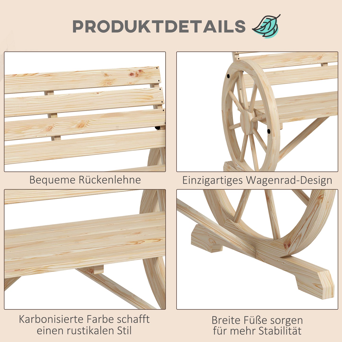 Outsunny Gartenbank, Wagenrad-Design, für 2 Personen, Naturholz, dunkelbraun, 105,5 x 56 x 79 cm, Natur