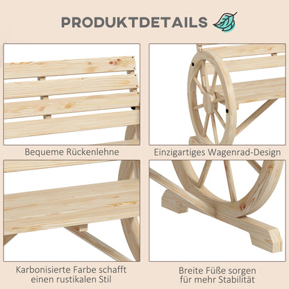 Outsunny Gartenbank, Wagenrad-Design, für 2 Personen, Naturholz, dunkelbraun, 105,5 x 56 x 79 cm, Natur