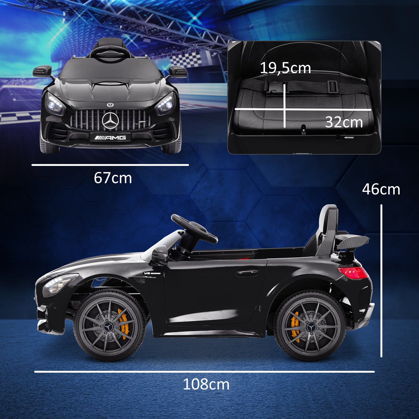 AIYAPLAY Elektro-Kinderauto, Mercedes, 3-5 km/h, Fernbedienung, Licht & Musik, Schwarz