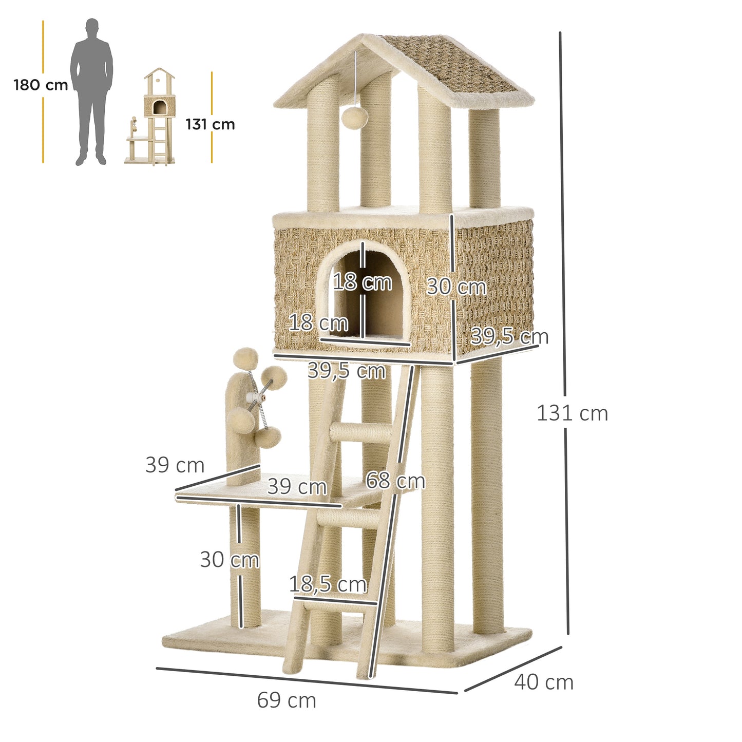 PawHut mit Katzenhöhle inkl. Spielzeug Sisal Plüsch Khaki + Beige + Kaffee