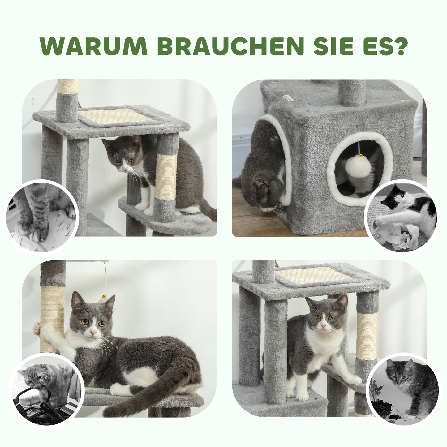 PawHut Kratzbaum 107 cm Katzenturm mit Höhle, 2 Plüschballen, Sisalstämme, große Plattform, 55x40x107 cm, Grau