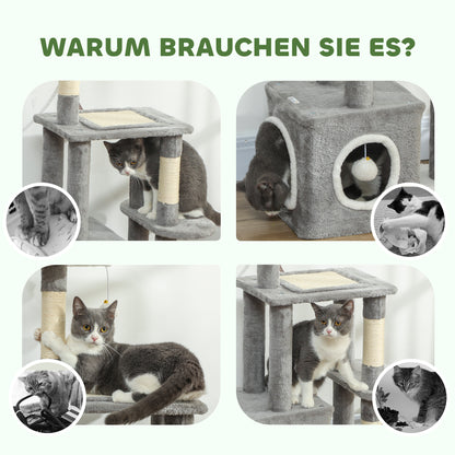 PawHut Kratzbaum 107 cm Katzenturm mit Höhle, 2 Plüschballen, Sisalstämme, große Plattform, 55x40x107 cm, Grau