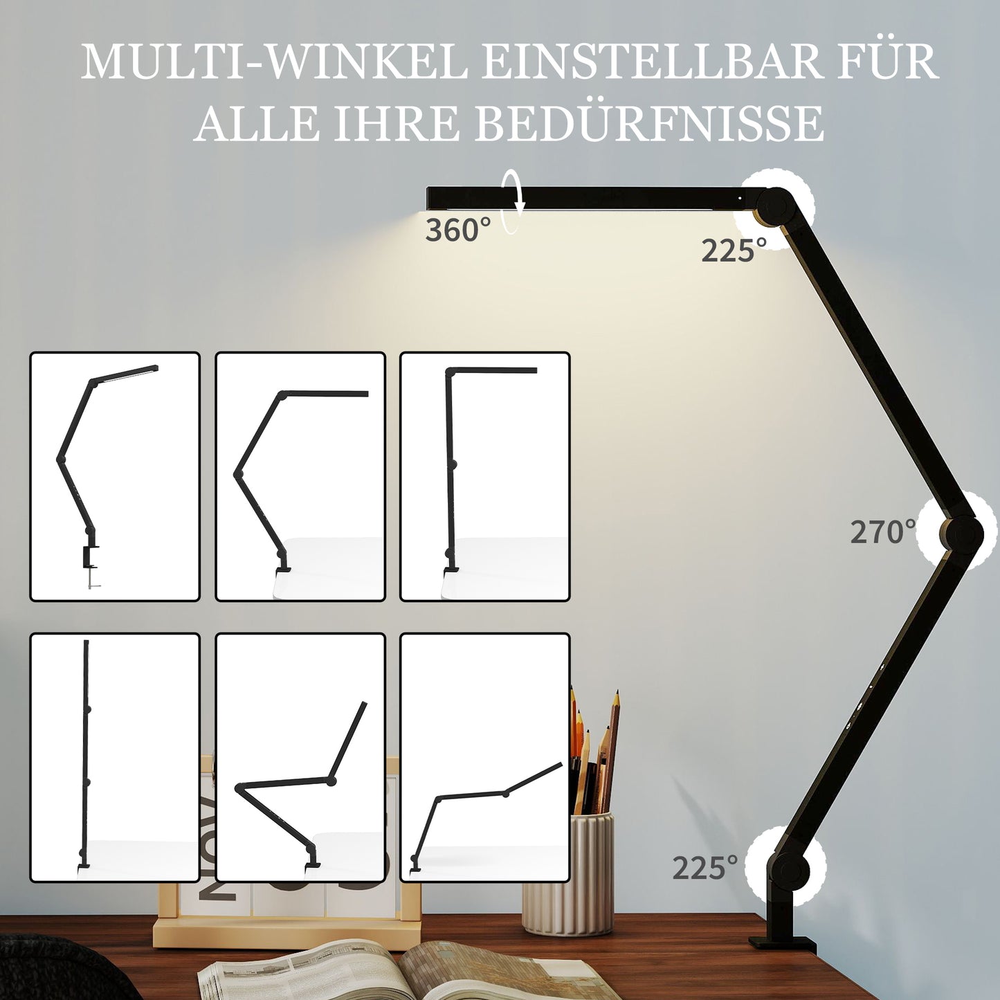 HOMCOM Schreibtischlampe, anpassbare Helligkeit und Farbe, Metallklemme, 96 LEDs, Schwarz
