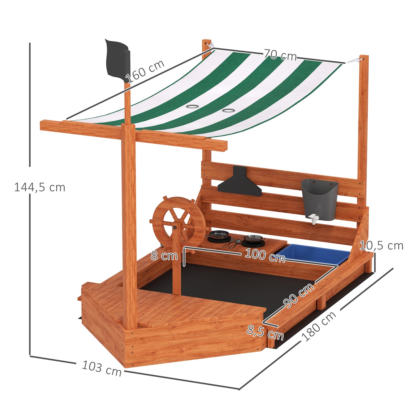 Outsunny Sandkasten mit Sonnendach Piratenschiff, inkl. Kinderküchenspielset, Massivholz, 180 x 103 x 144,5 cm, Grün